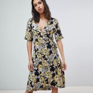 Sofie Schnoor Satin Floral Shimmery Wrap Dress Midi